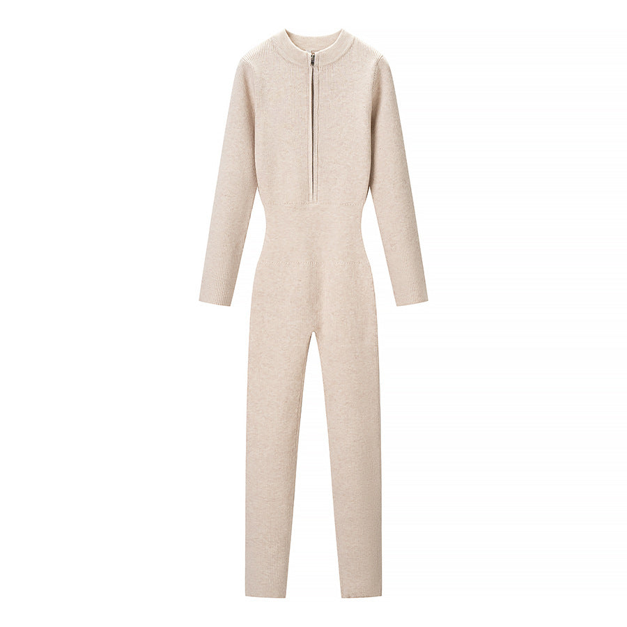 Women's Fitted Rib Knit Jumpsuit with Stand-Up Collar and Front Zip Chichicherry