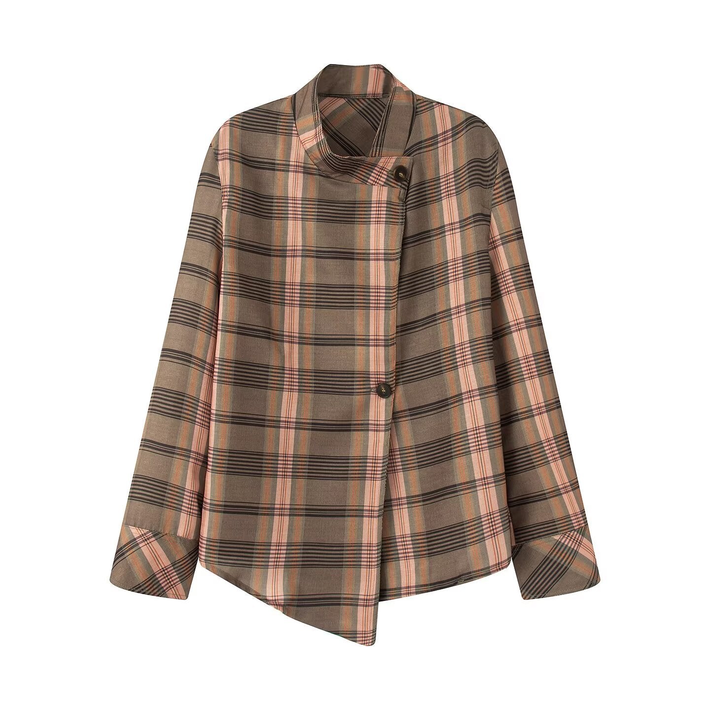 Ladies Asymmetric Cape Blouse in Check Pattern with Stand Collar and Button Closure Chichicherry