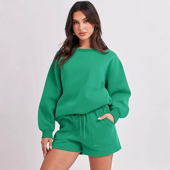 Women's Casual Two-Piece Lounge Sweatset with Oversized Round Neck Sweatshirt and High-Waist Relax Shorts Chichicherry