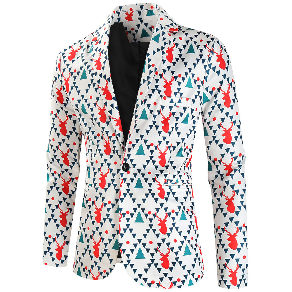 Men's Christmas three-piece suit set with jacket, vest, and trousers in all-over reindeer-tree pattern Chichicherry