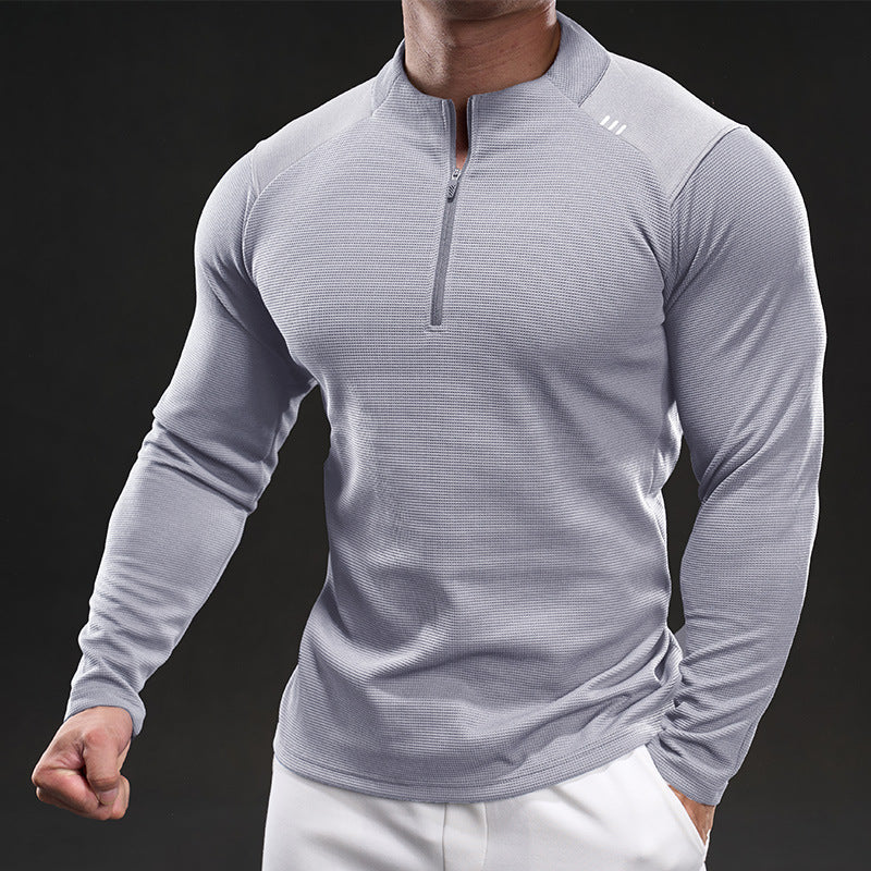 Men's Slim-Fit Sporty Long Sleeve Training Shirt with Half-Zip and Textured Fabric Chichicherry