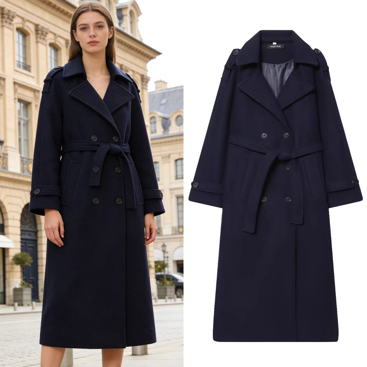 Women's Long Double-Breasted Wool Coat with Waist Belt and Epaulettes Chichicherry