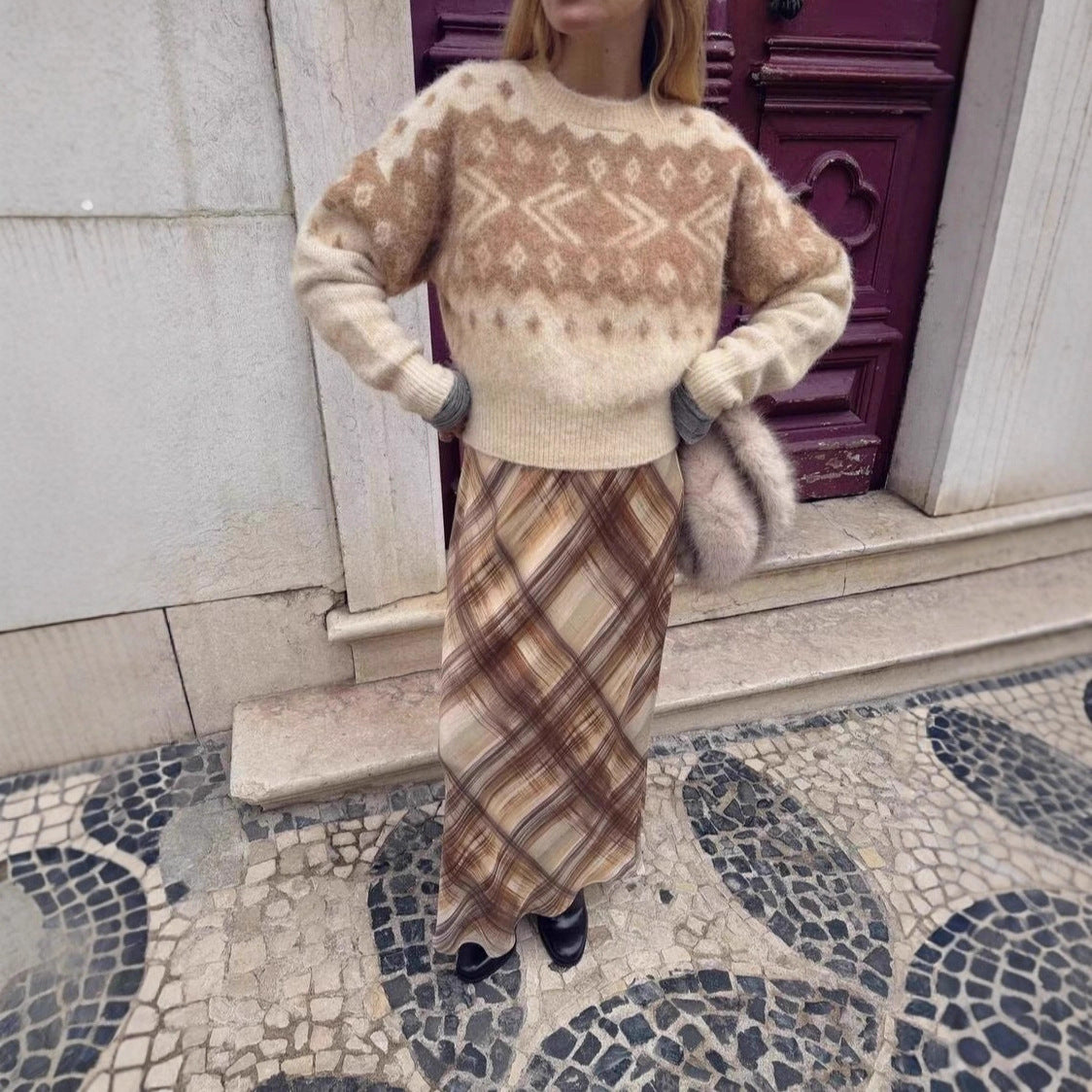 Women's Fluffy Knitted Sweater with Norwegian Pattern and Boxy Fit Chichicherry