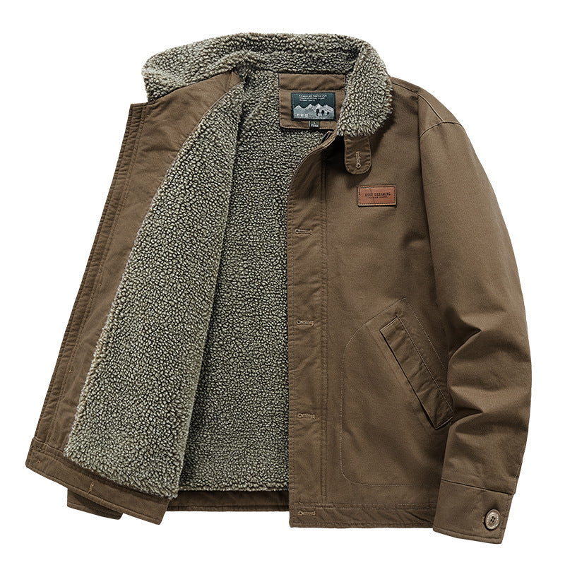 Men's rugged canvas worker jacket with voluminous Sherpa inner lining and high collar Chichicherry