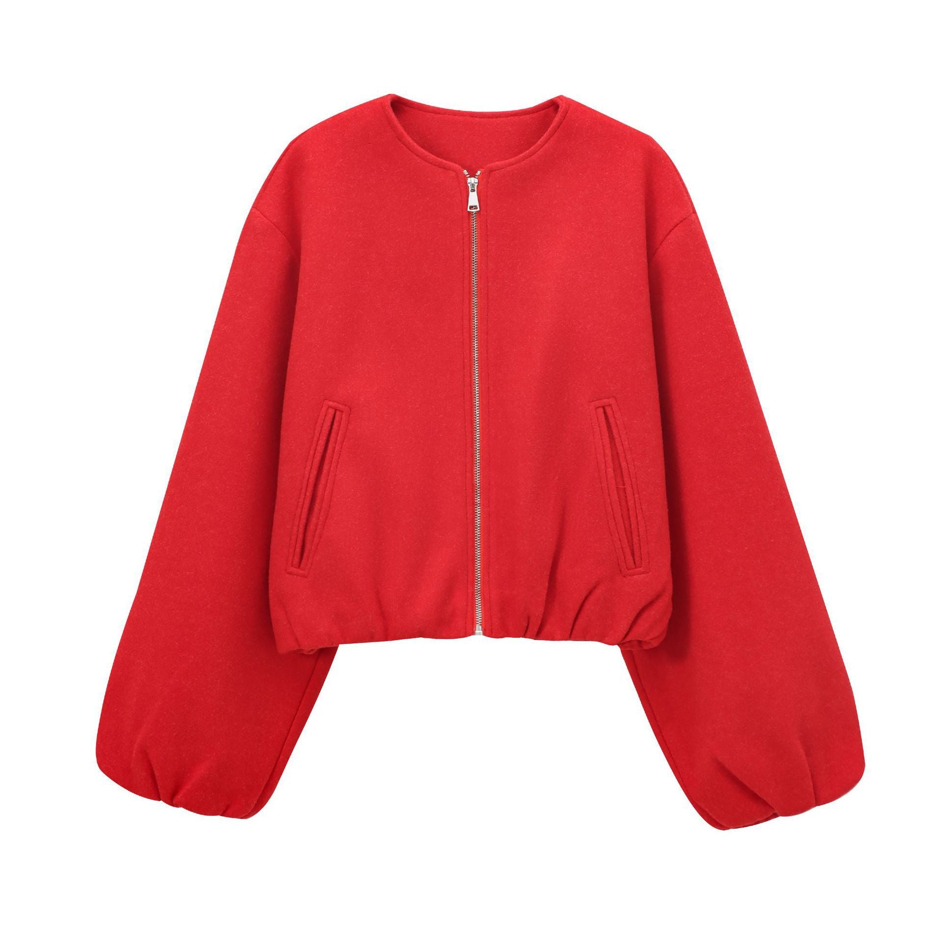 Women's Short Wool Blend Bomber with Round Neck, Zipper and Elastic Hem Chichicherry