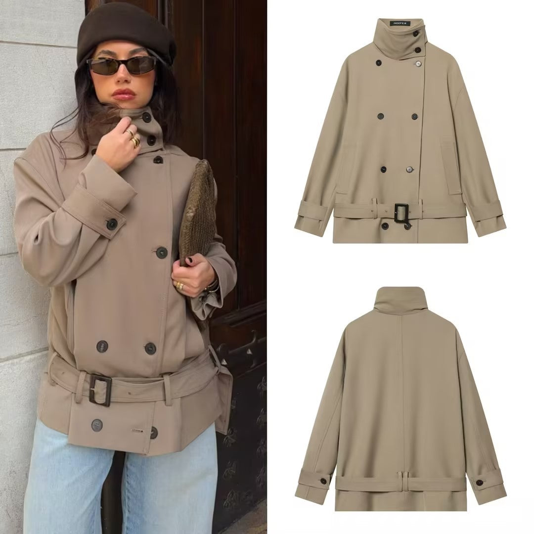Women's short trench coat with double-breasted button placket, waist belt, and high standing collar Chichicherry