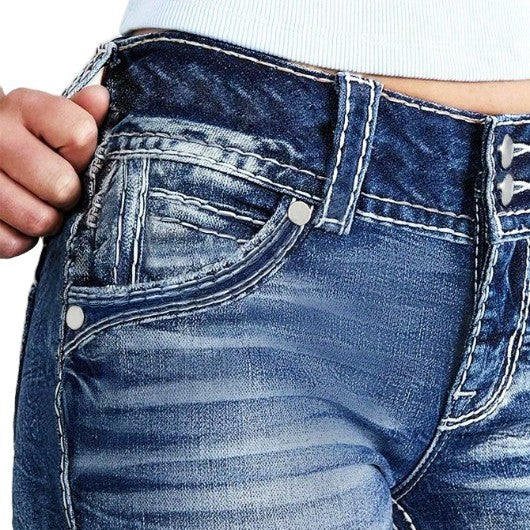 Women's high-waisted bootcut jeans with shaping waistband and visible button placket Chichicherry