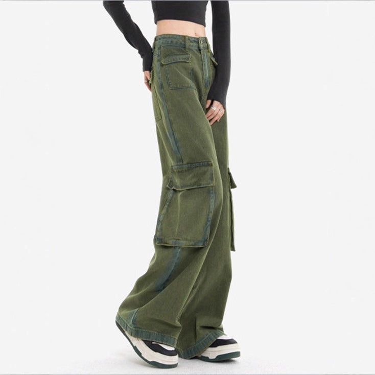 Women's high-waisted cargo jeans with wide leg, multiple flap pockets and straight cut Chichicherry