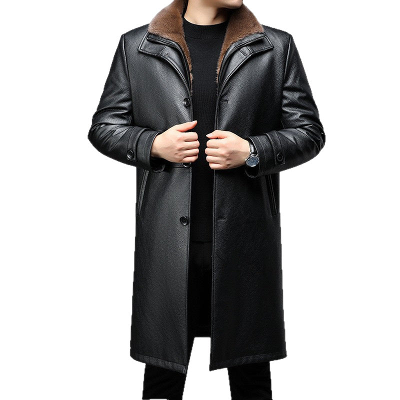Men's Long Leather Coat with Removable Fur Collar and Thermal Lining Chichicherry