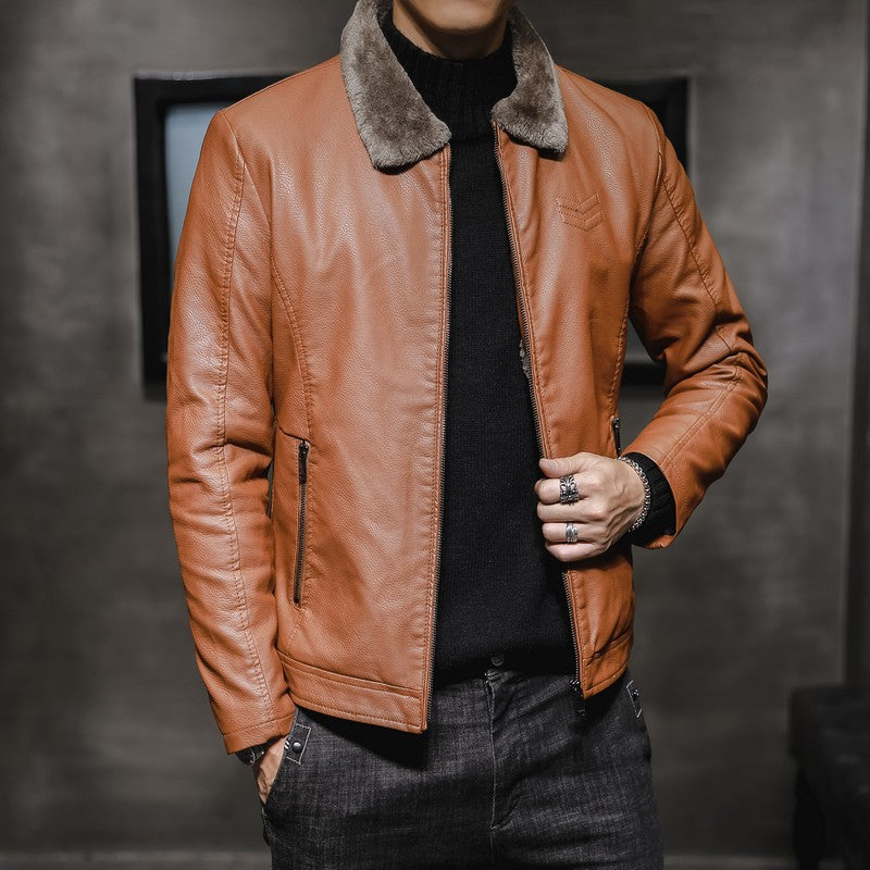 Men's Casual Leather Look Jacket with Teddy Collar, Zipper Pockets and Slim Silhouette Chichicherry