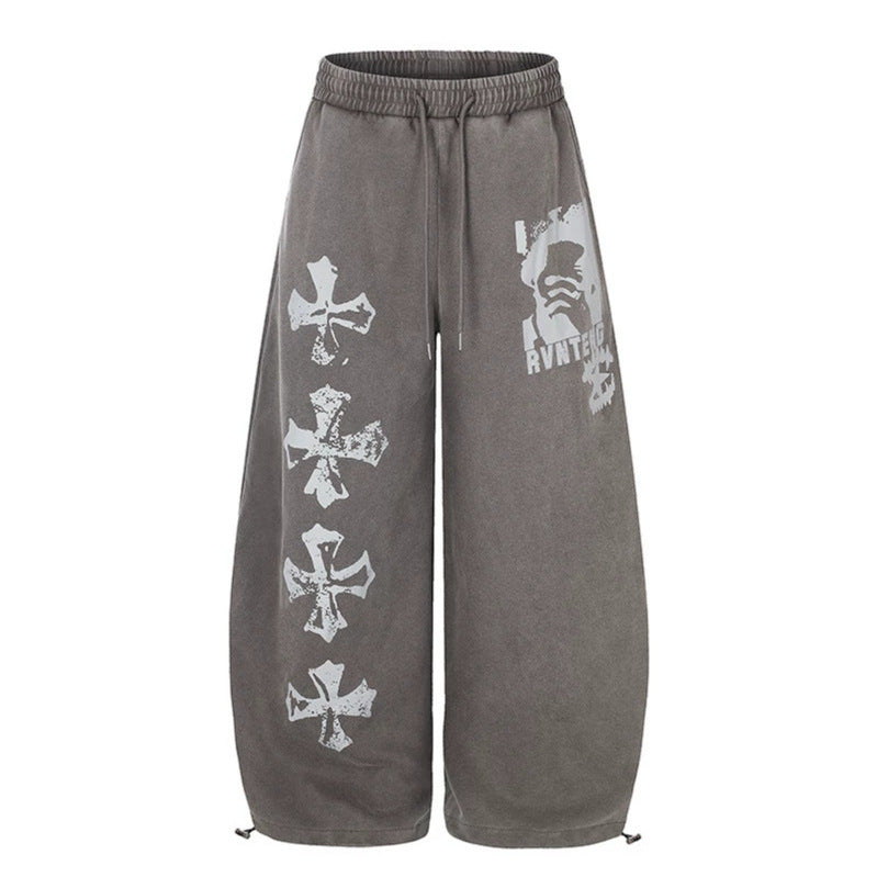 Women's Extra Wide Palazzo Sweatpants with Drawstring Waist, Adjustable Hem, and Gothic Print Chichicherry