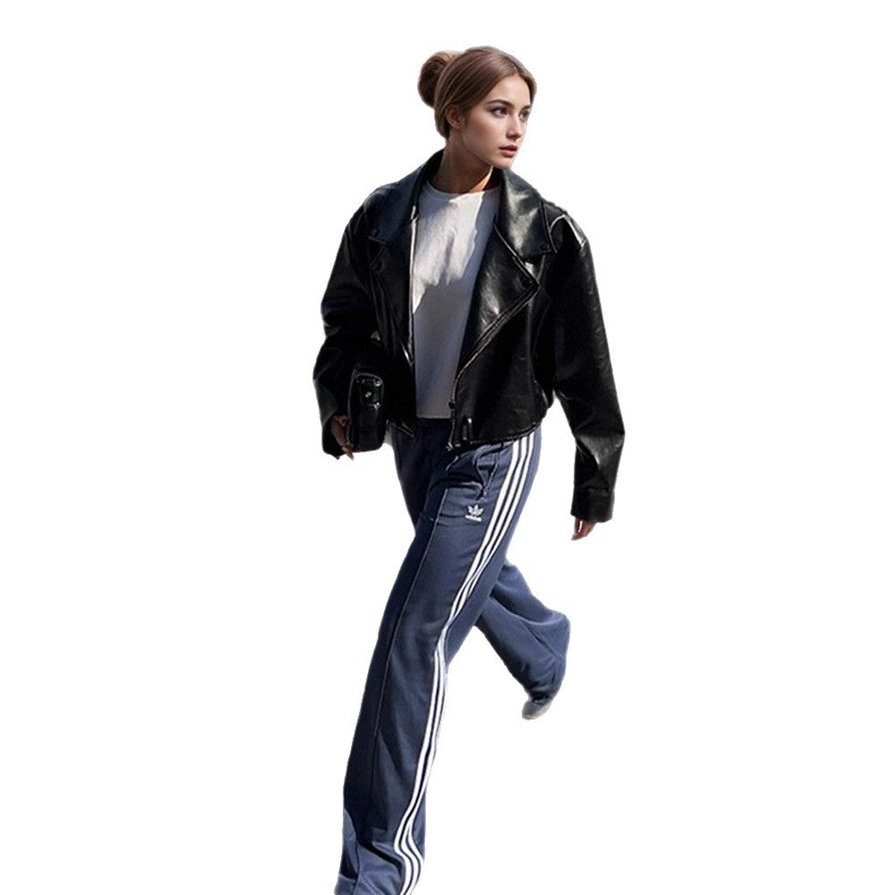 Women's Cropped Boxy Biker Jacket made of Faux Leather with Distinctive Shoulder Area and Boxy Silhouette Chichicherry