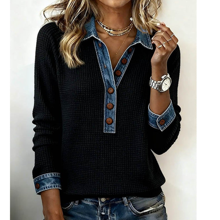 Women's Ribbed Sweater with Denim Collar and Button Placket Chichicherry