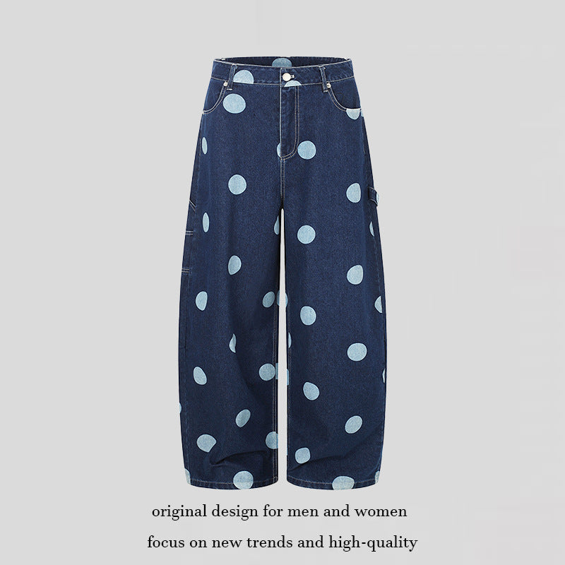 Women High-Waisted Wide Jeans Culotte with Polka Dot Print and Utility Details Chichicherry
