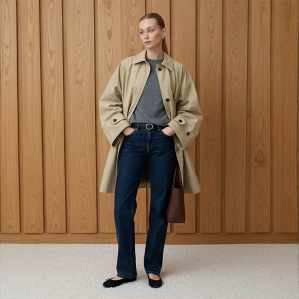 Women's Oversize Cotton Blend Trench Coat with Mid-Length, Straight Cut Chichicherry