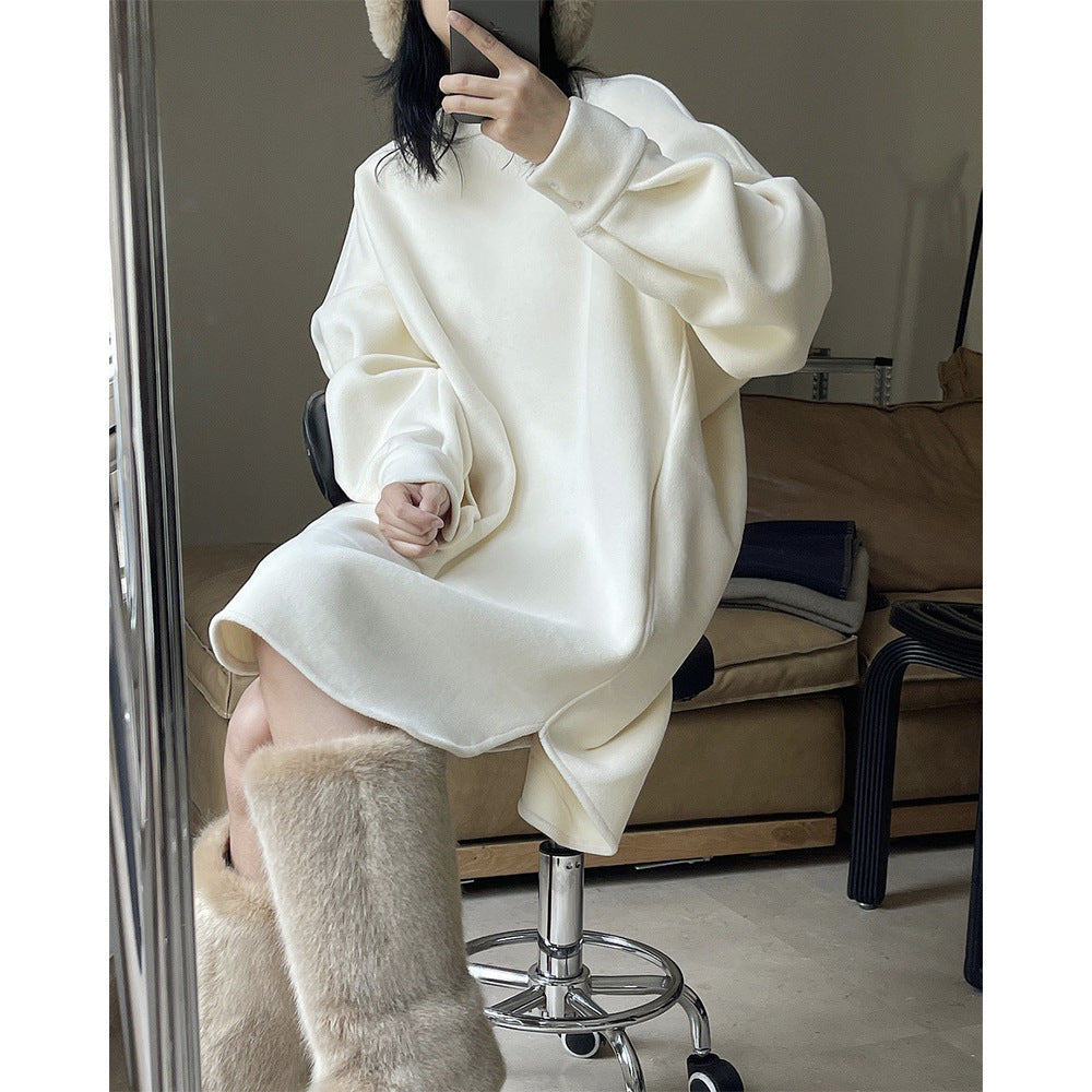 Women Oversize Fleece Sweat Dress with Balloon Sleeves and Side Slits Chichicherry