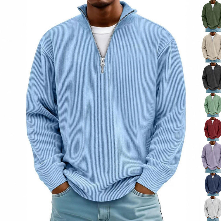 Men's Ribbed Half-Zip Knit Sweater with Stand Collar and Relaxed Fit Chichicherry
