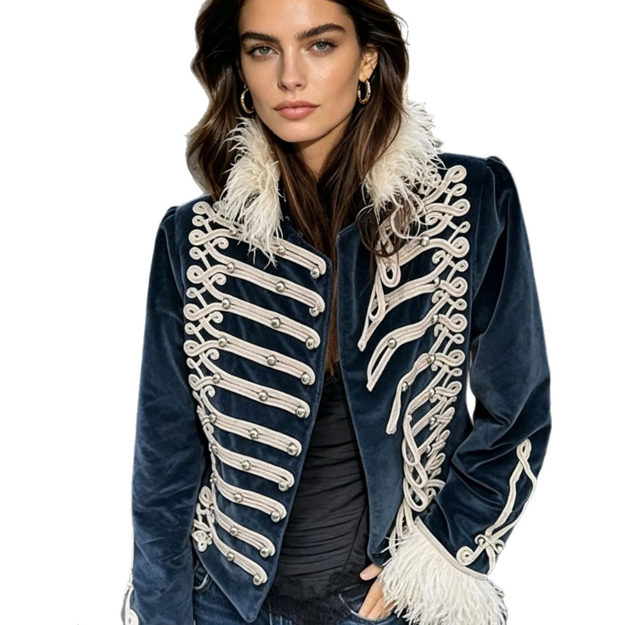 Women's Velvet Military Jacket with Decorative Straps and Feather Trim Chichicherry