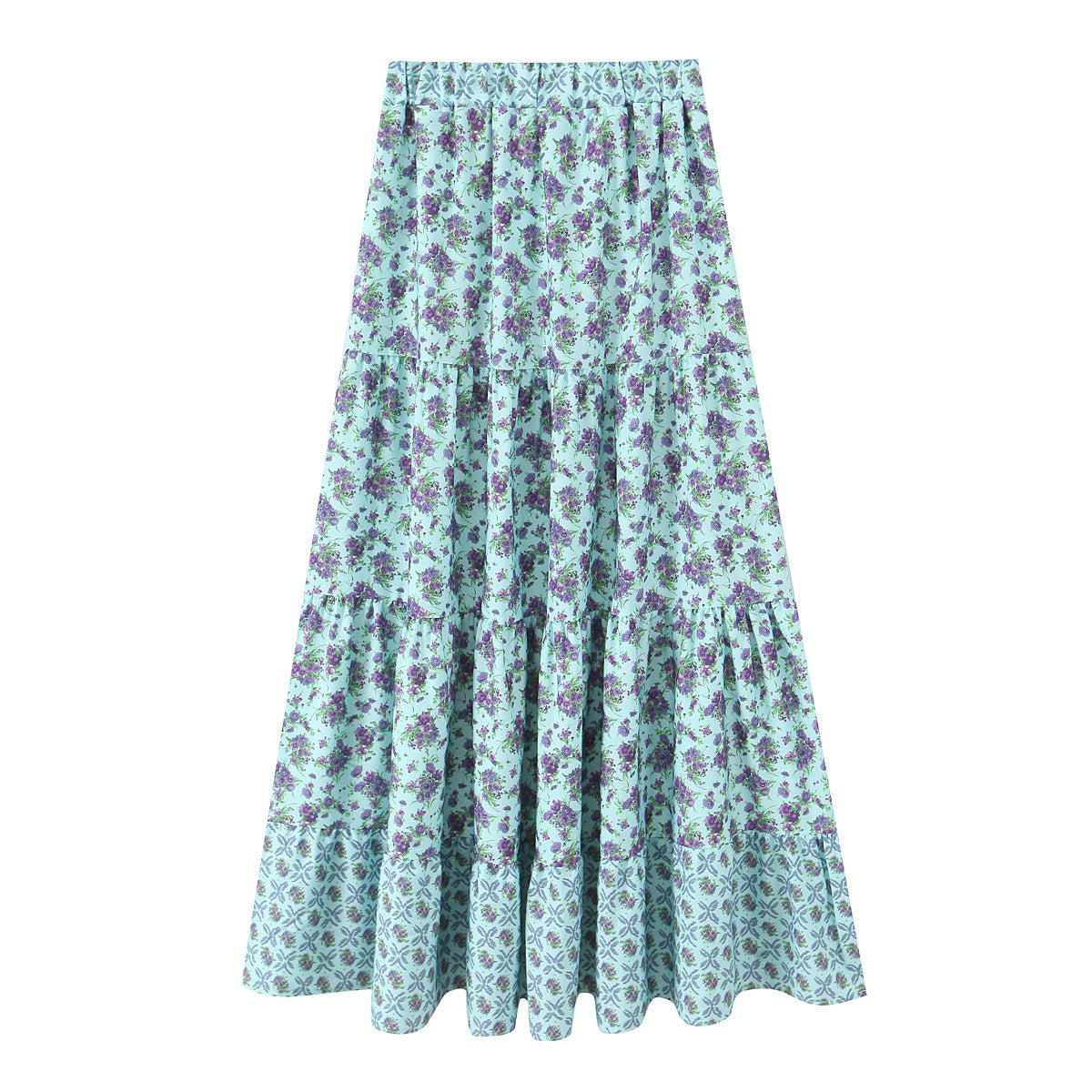 Women's Long Tiered Skirt with Floral Allover Print, Elastic Waistband and Ruffled Panels Chichicherry