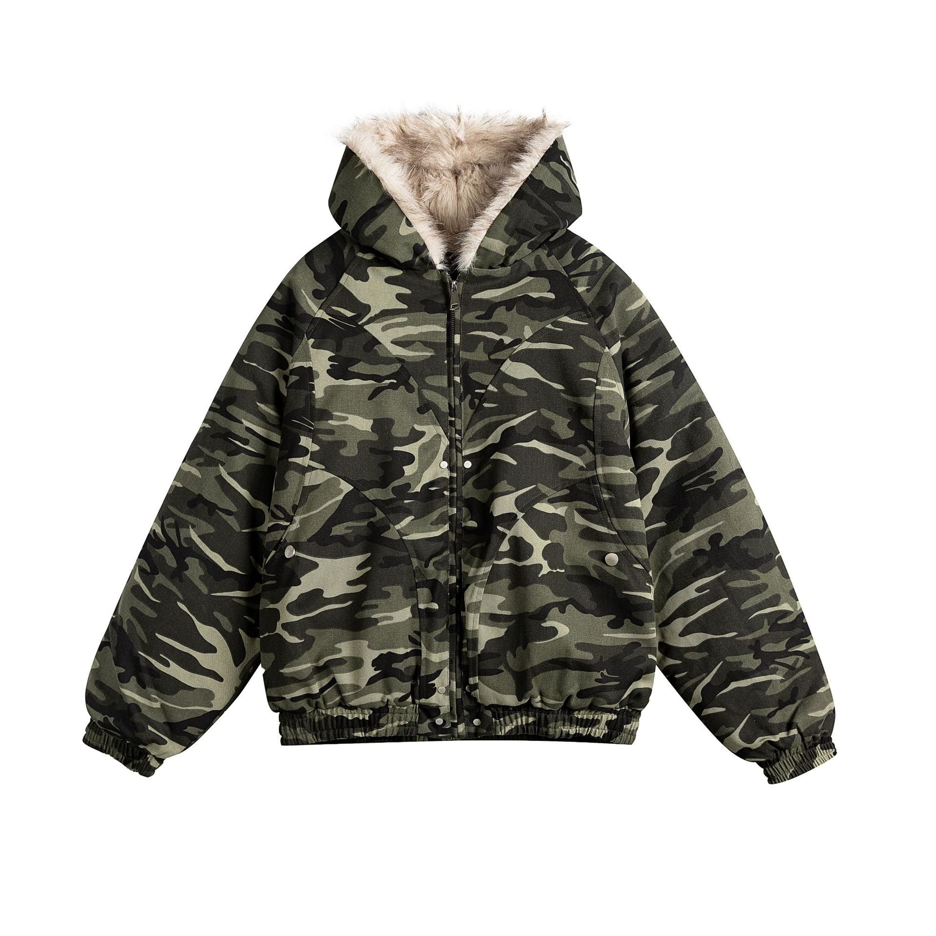 Women Short Cut Camouflage Transition Jacket with Faux Fur Hood and Elastic Hem Chichicherry