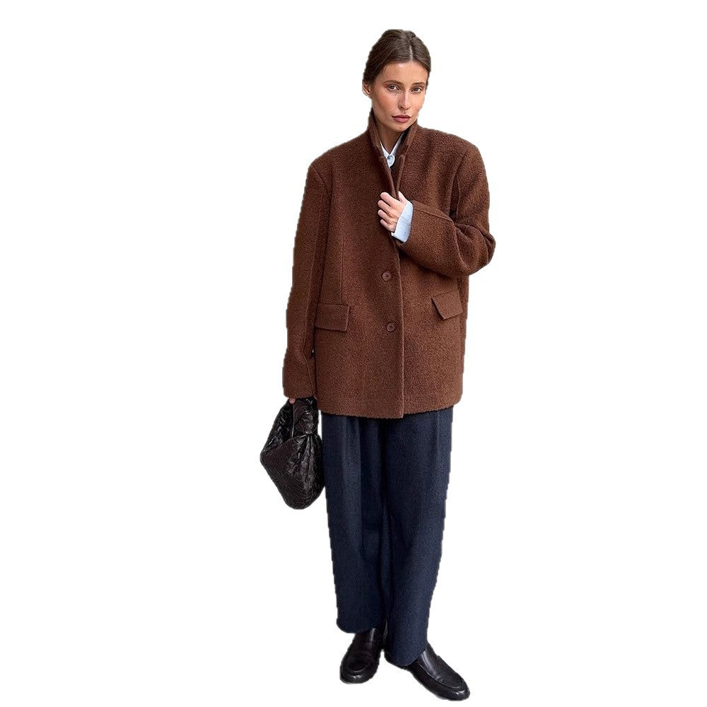 Women Boxy Wool Blend Short Coat with Textured Surface, Notched Collar & Flap Pockets Chichicherry