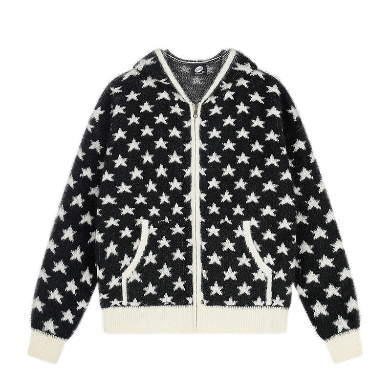 Women Fluffy Knit Zip Jacket with Allover Star Pattern, Kangaroo Pockets and Ribbed Cuffs Chichicherry