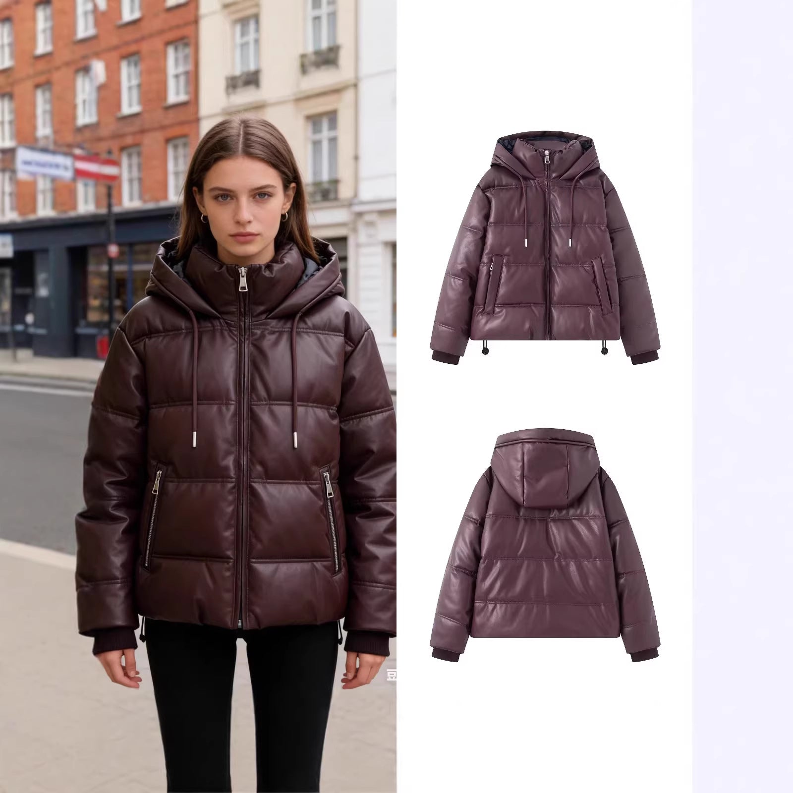 Women's Short Quilted Faux Leather Puffer Jacket with Hood, Drawstring and Side Pockets Chichicherry