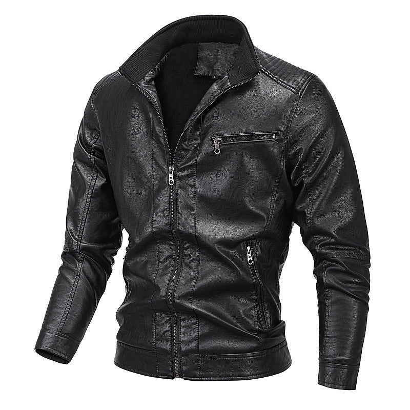 Men's faux leather moto jacket with stand-up collar, distinctive quilted design, and zip pockets Chichicherry