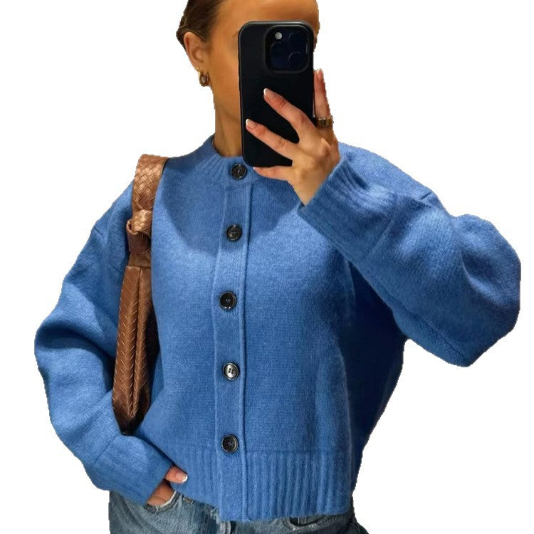 Women's Short Boxy Cardigan with Large Button Placket, Ribbed Hem & Volume Sleeves Chichicherry