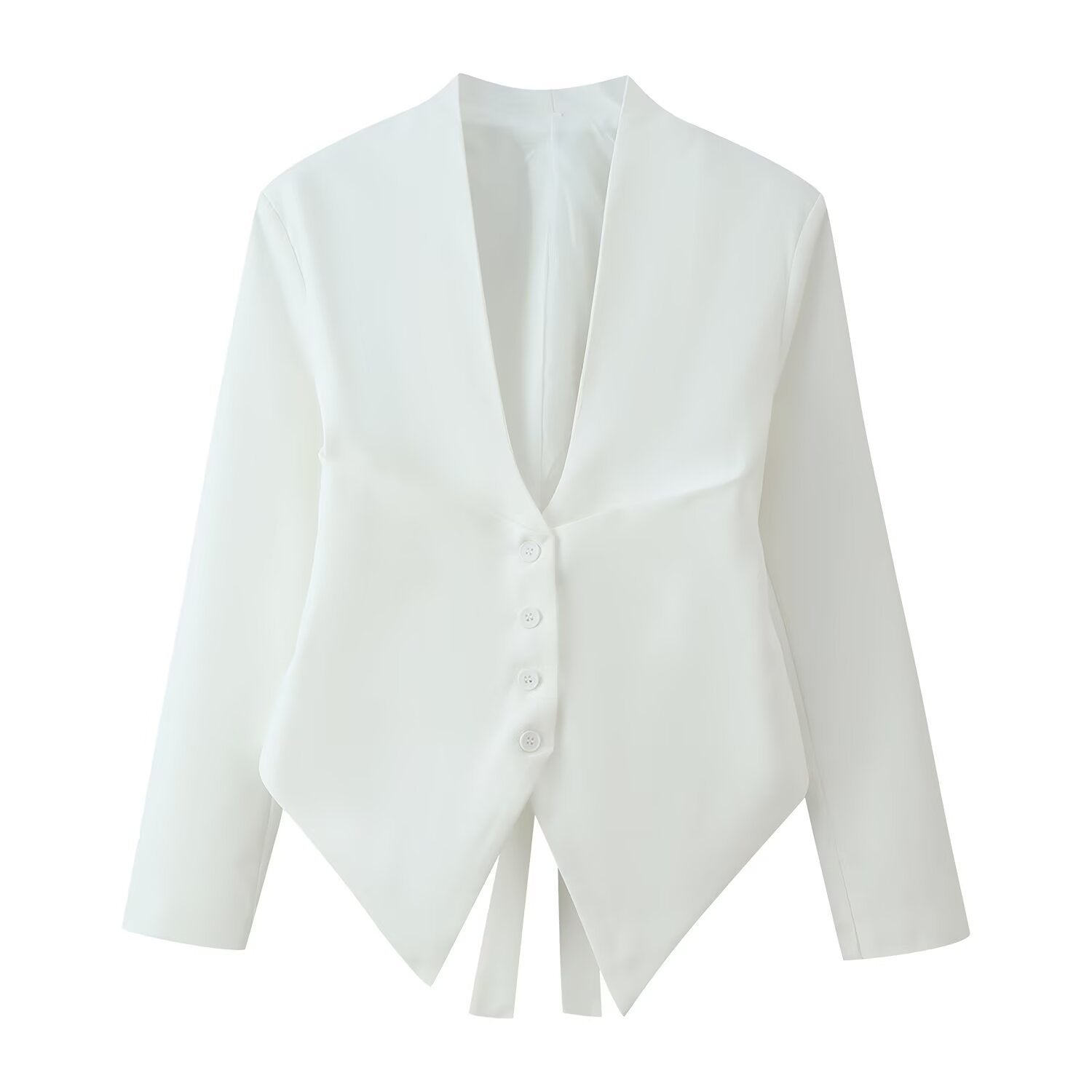 Women Asymmetrical Blazer Jacket with Deep V-Neck and Pointed Hem Chichicherry