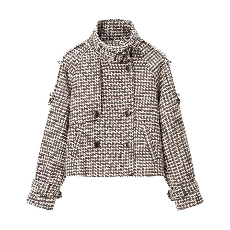Ladies short jacket in houndstooth with stand-up collar, double-breasted and waist details Chichicherry