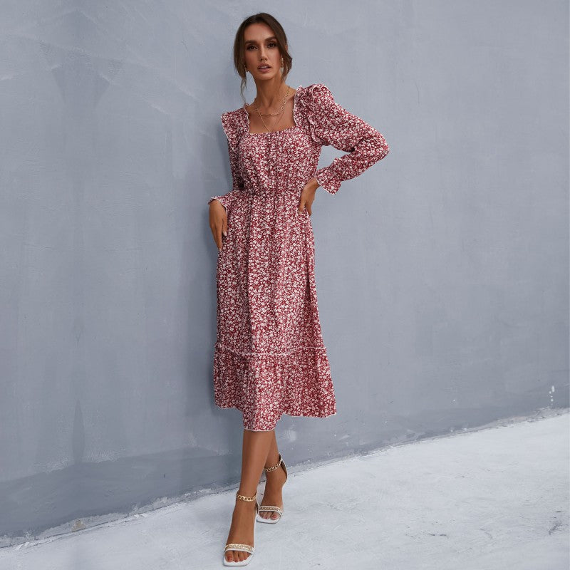 Women's midi dress in vintage style with square neckline, ruffles, and elastic waist Chichicherry