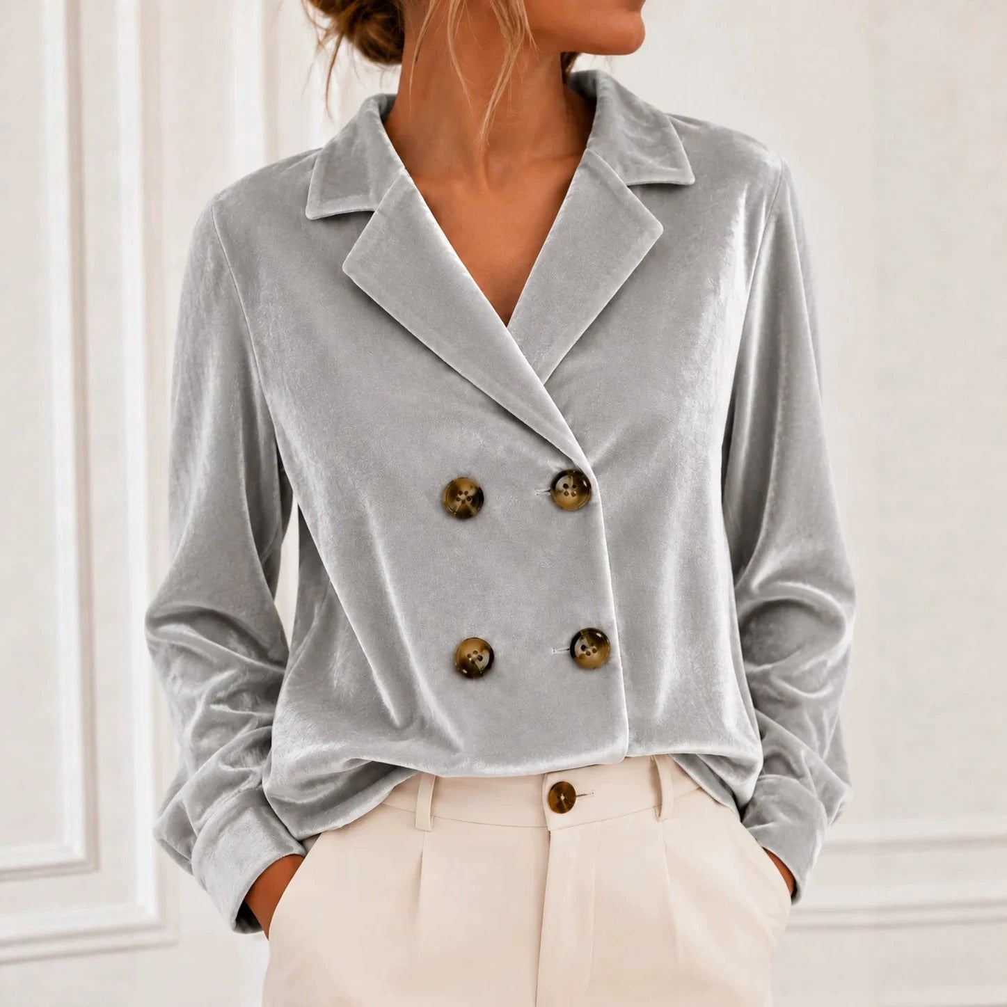 Women's Short-Cut Double-Breasted Velvet Blazer with Soft Buttons Chichicherry