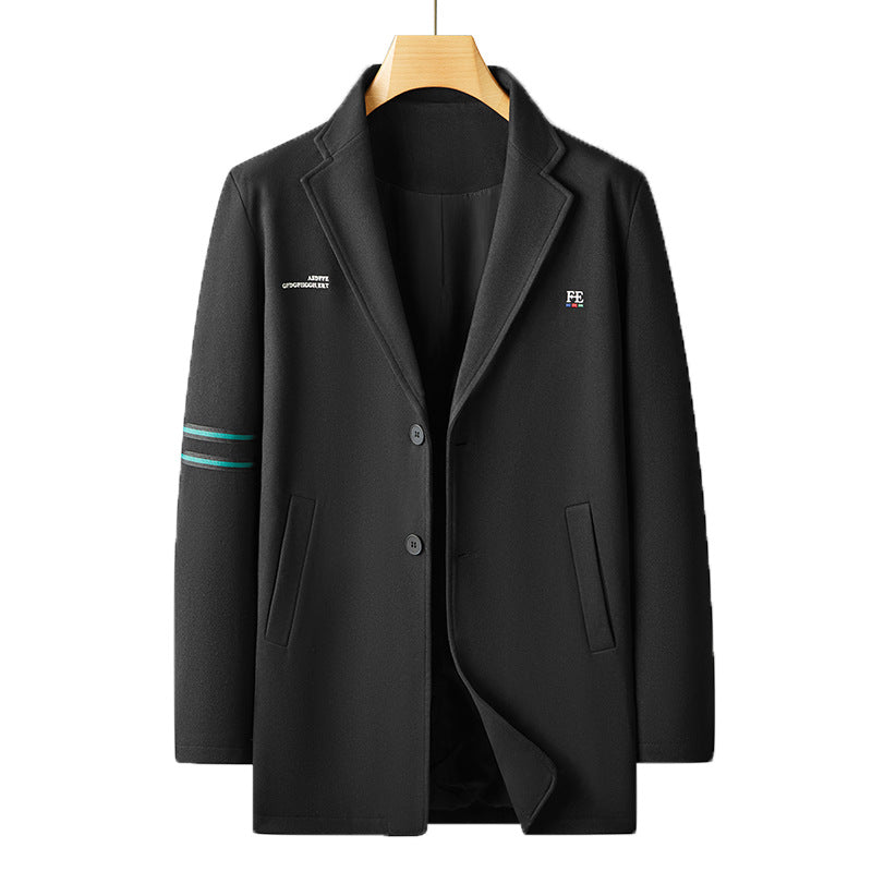 Men's Casual Wool Blend Transitional Coat with Lapel, Two-Button Closure and Striped Sleeve Detail Chichicherry