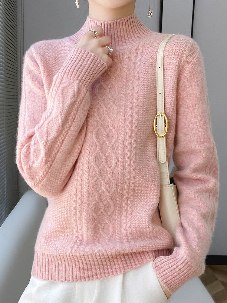 Women's Soft Cable Knit Mock Neck Sweater with Light Mohair Effect Chichicherry