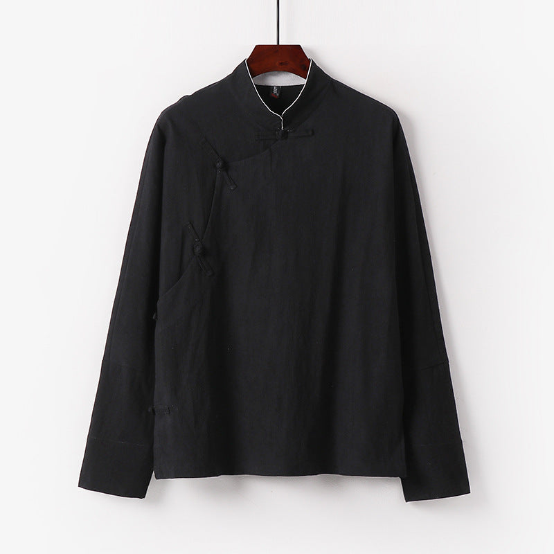 Men's Loose Stand Collar Top with Toggle Buttons and Side Button Placket Chichicherry