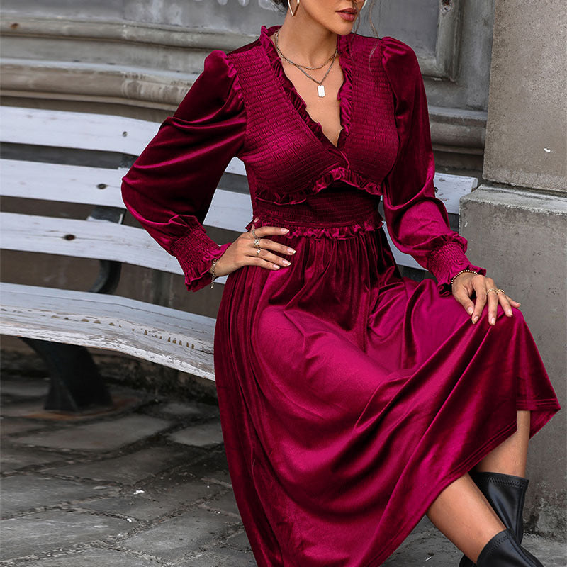 Women's Velvet Midi Dress with Gathered Smock Top, V-neck and Ruffles