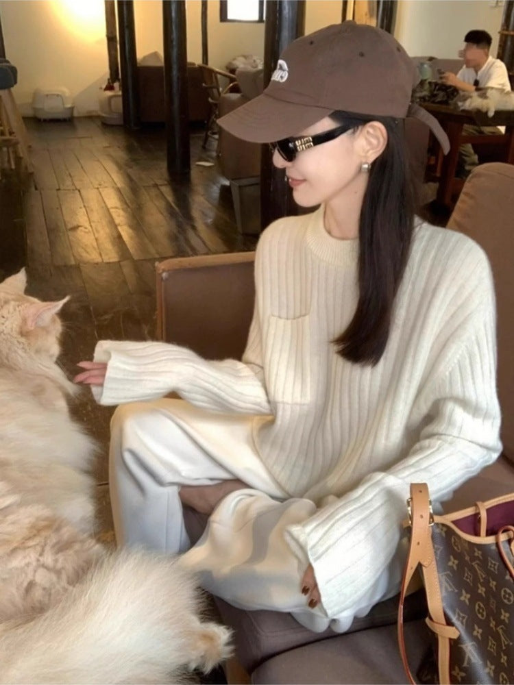 Women's Oversized Ribbed Knit Sweater with Chest Pocket and Mock Neck Chichicherry