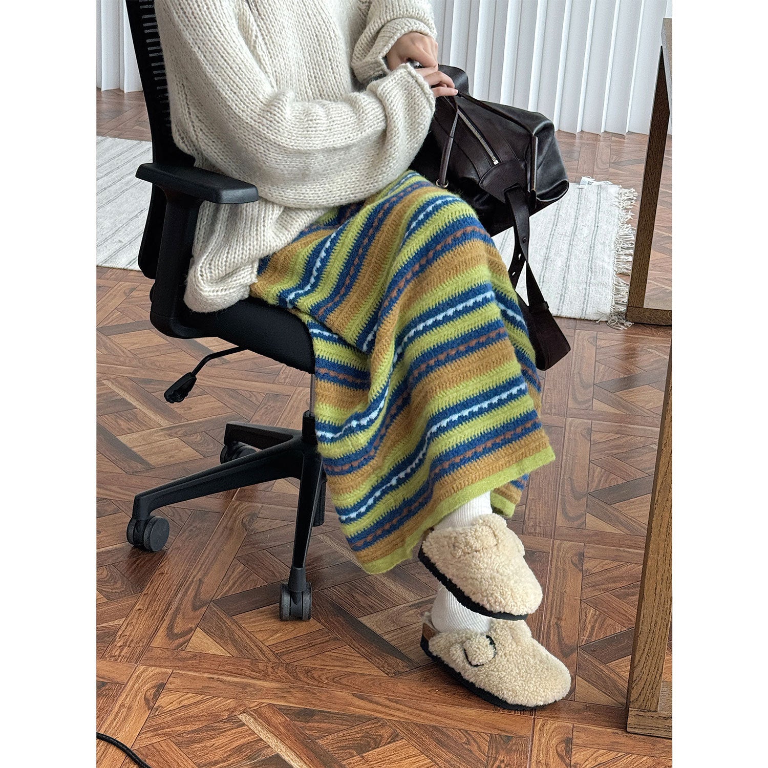 Women Striped Maxi Knit Skirt with High Waist and Fine Rib Structure Chichicherry