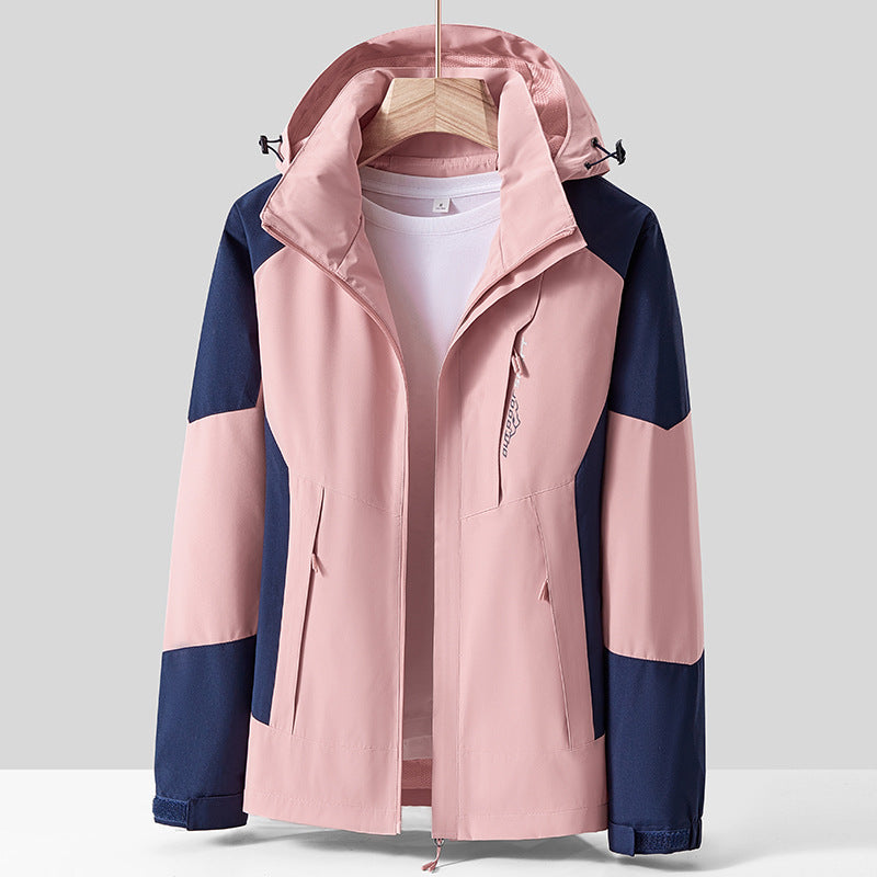 Unisex Breathable Softshell Outdoor Jacket in Colorblock Design with Adjustable Hood and Concealed Two-Way Zipper Chichicherry