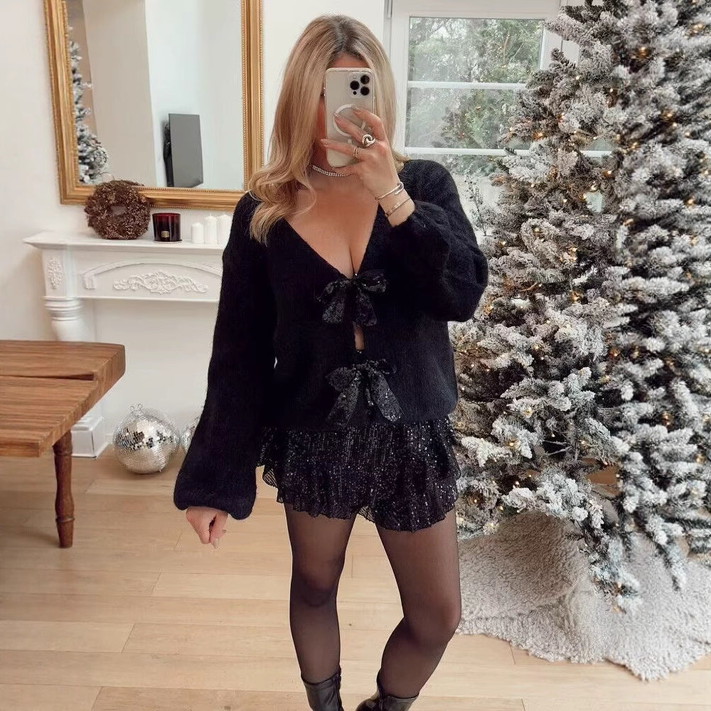 Women's Oversized Knit Cardigan with V-neck and Sequin Bows Chichicherry