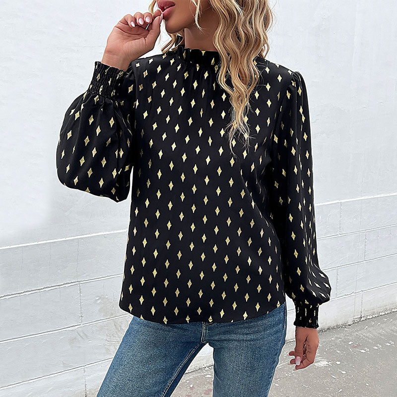 Women's Elegant Chiffon Blouse with Diamond Print, Gathered Stand Collar and Balloon Sleeves Chichicherry