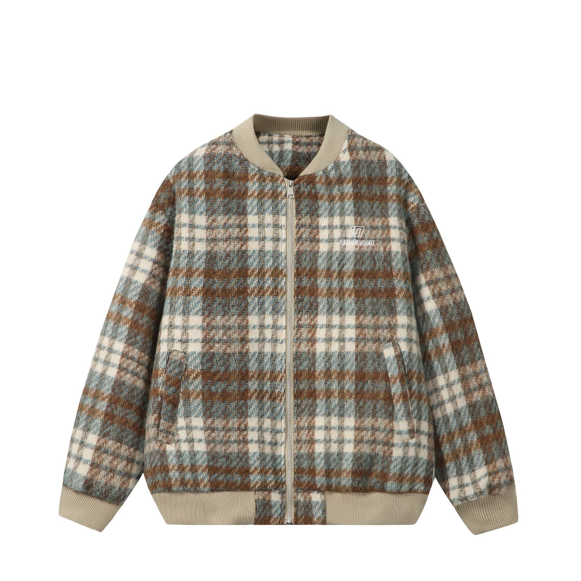 Unisex Short boxy cut wool mix bomber with check pattern and ribbed cuff Chichicherry