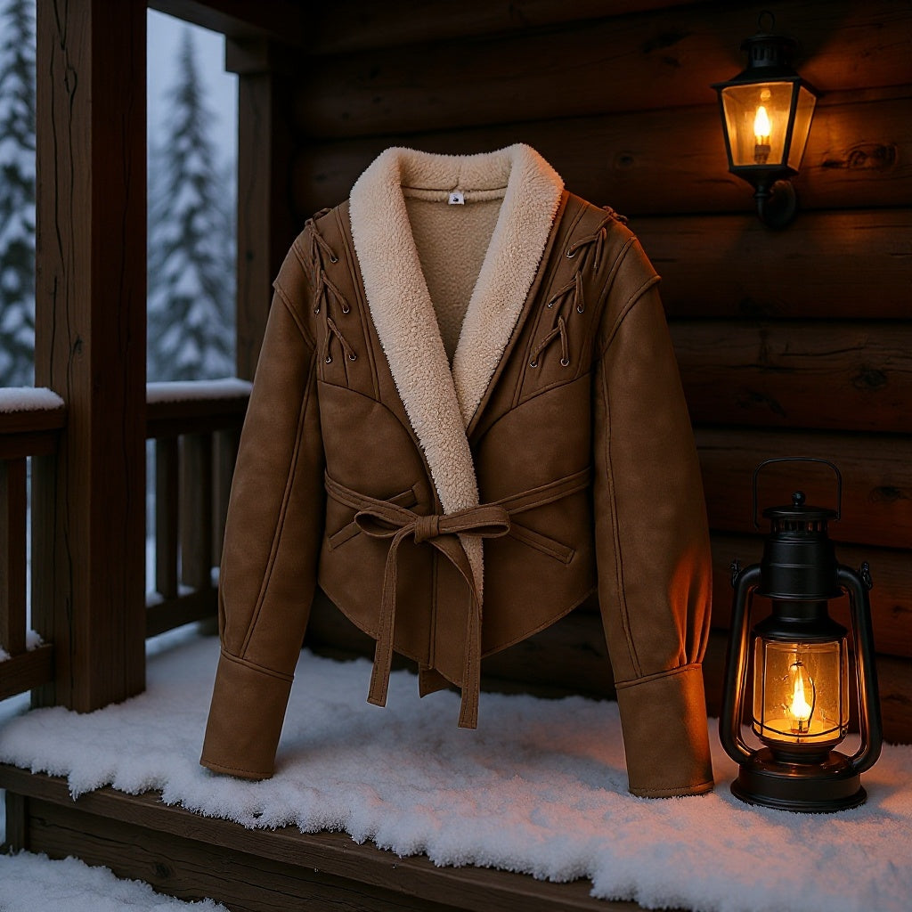 Ladies short jacket in aviator look with sherpa lining, tie belt and shoulder lacing Chichicherry