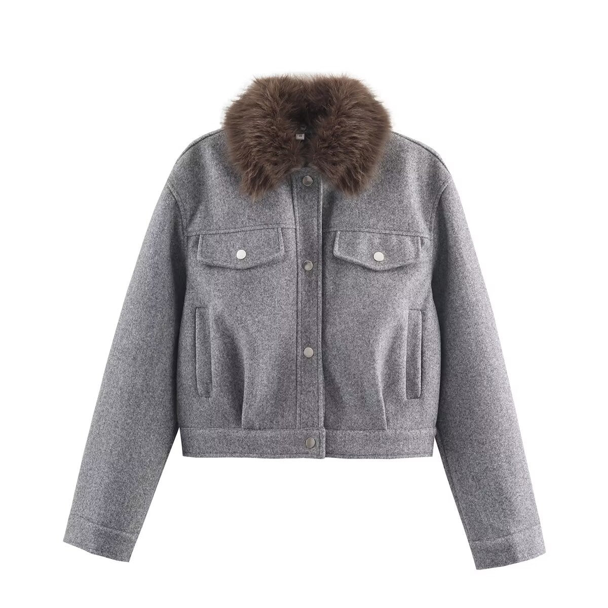 Ladies short wool jacket with voluminous fur collar, snap-button front and patch chest pockets Chichicherry