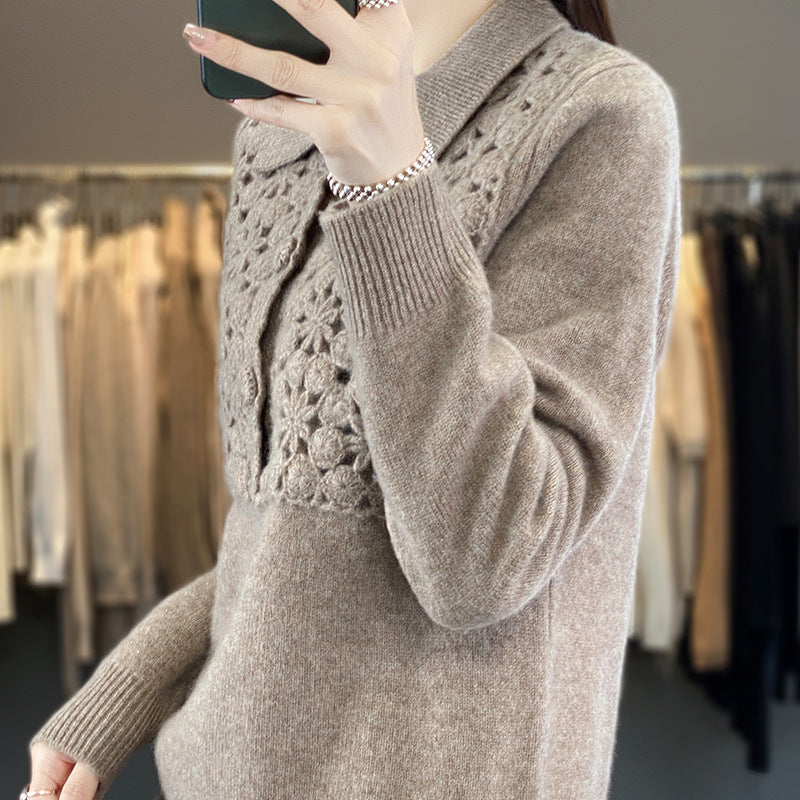 Ladies knitted pullover with crocheted lace edge and polo collar Chichicherry