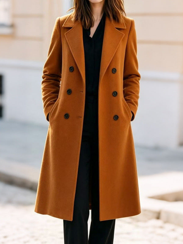 Women's Classic Double-Breasted Wool Blend Coat with Contoured Waist Chichicherry