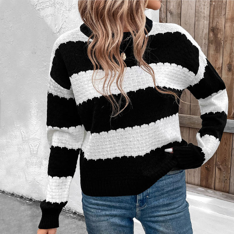 Women's Oversize Fisherman Knitted Sweater with Block Stripes, Openwork Structure and Ribbed Cuffs Chichicherry