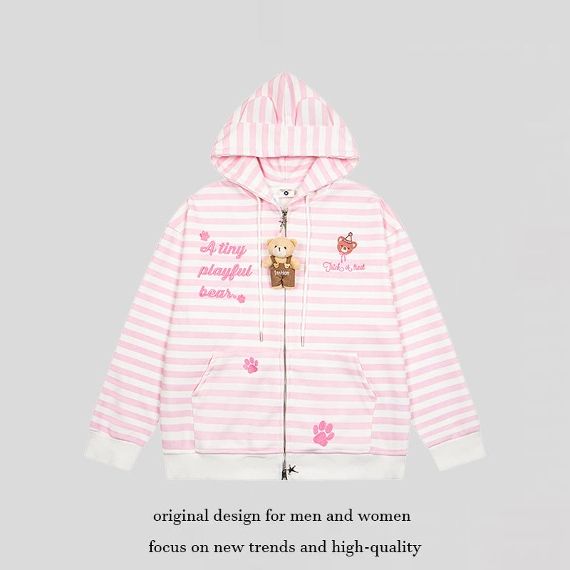 Women's Striped Hooded Sweat Jacket with Teddy Pendant, Ear Hood and Embroidery Detail Chichicherry