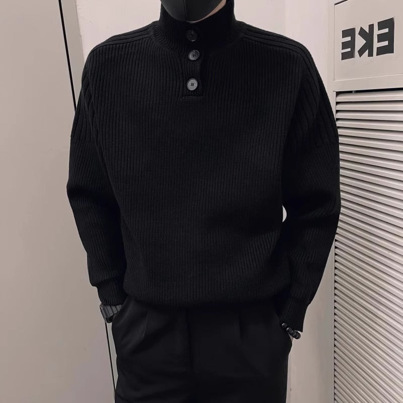 Herren Relaxed Rippstrick‑Pullover mit Halbknopf‑Stehkragen Chichicherry